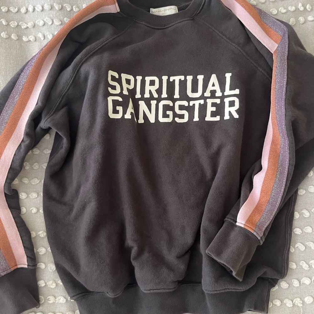 Spiritual gangster vintage black pullover logo sweatshirt with striped sleeve